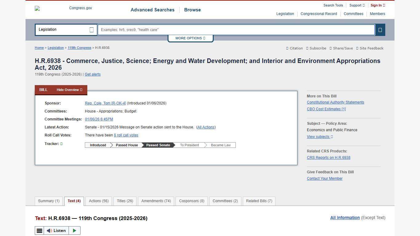 Text - H.R.6938 - 119th Congress (2025-2026): Commerce, Justice, Science; Energy and Water Development; and Interior and Environment Appropriations Act, 2026 | Congress.gov | Library of Congress